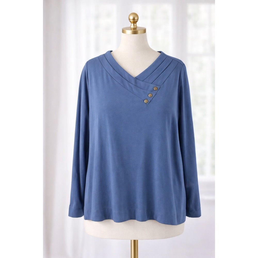 New Pure Jill Azure Blue Popover Top Button Detail V Neck Butter Soft Knit 2X